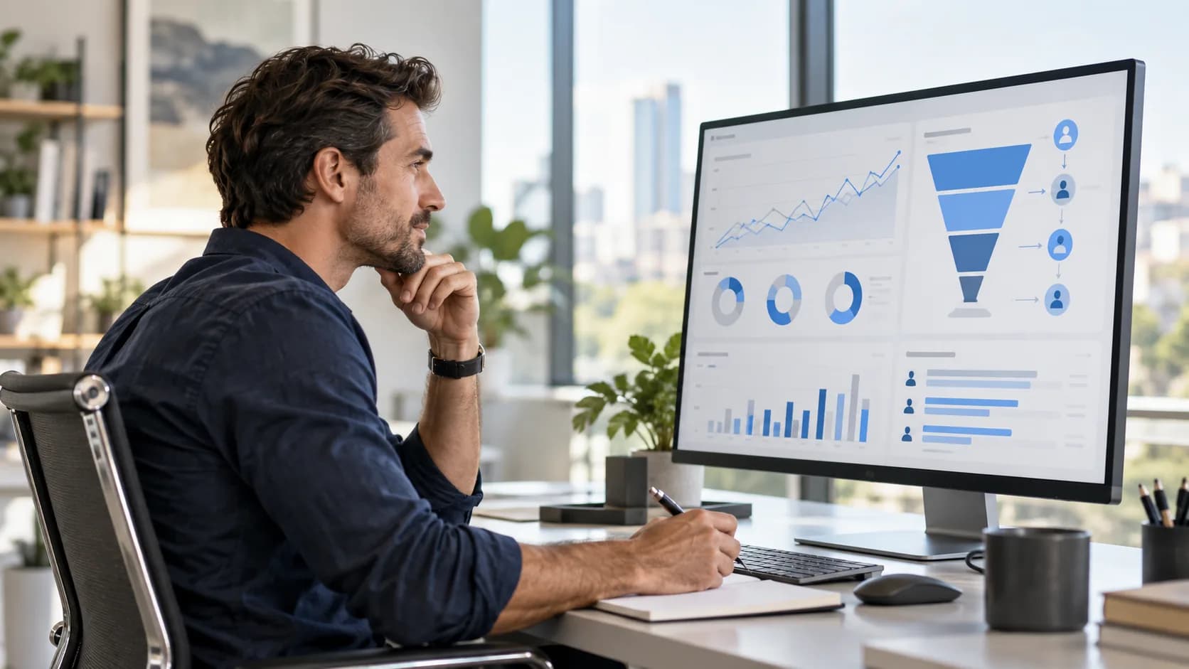 Marketing strategist reviewing campaign performance and a qualified-lead funnel